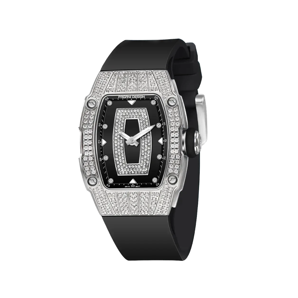 PAGANI DESIGN PD-YS013 Tonneau women's watch with black dial and diamond bezel, front view
