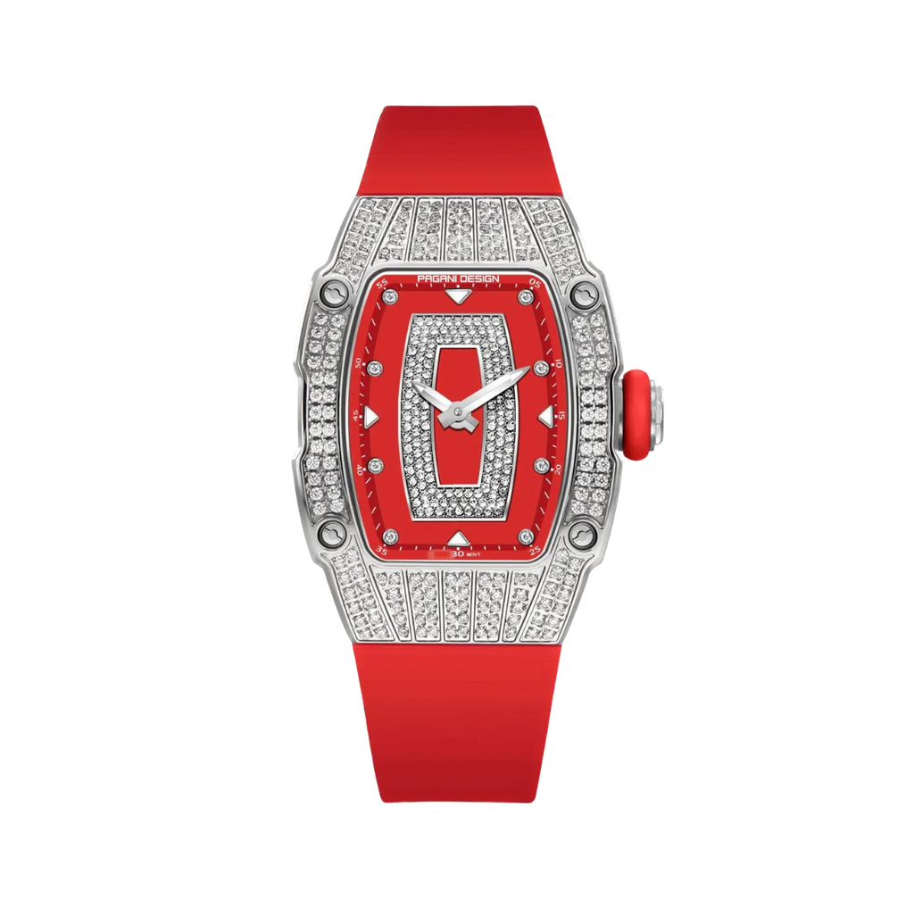 PAGANI DESIGN PD-YS013 Tonneau women's watch with red dial and diamond bezel, front view