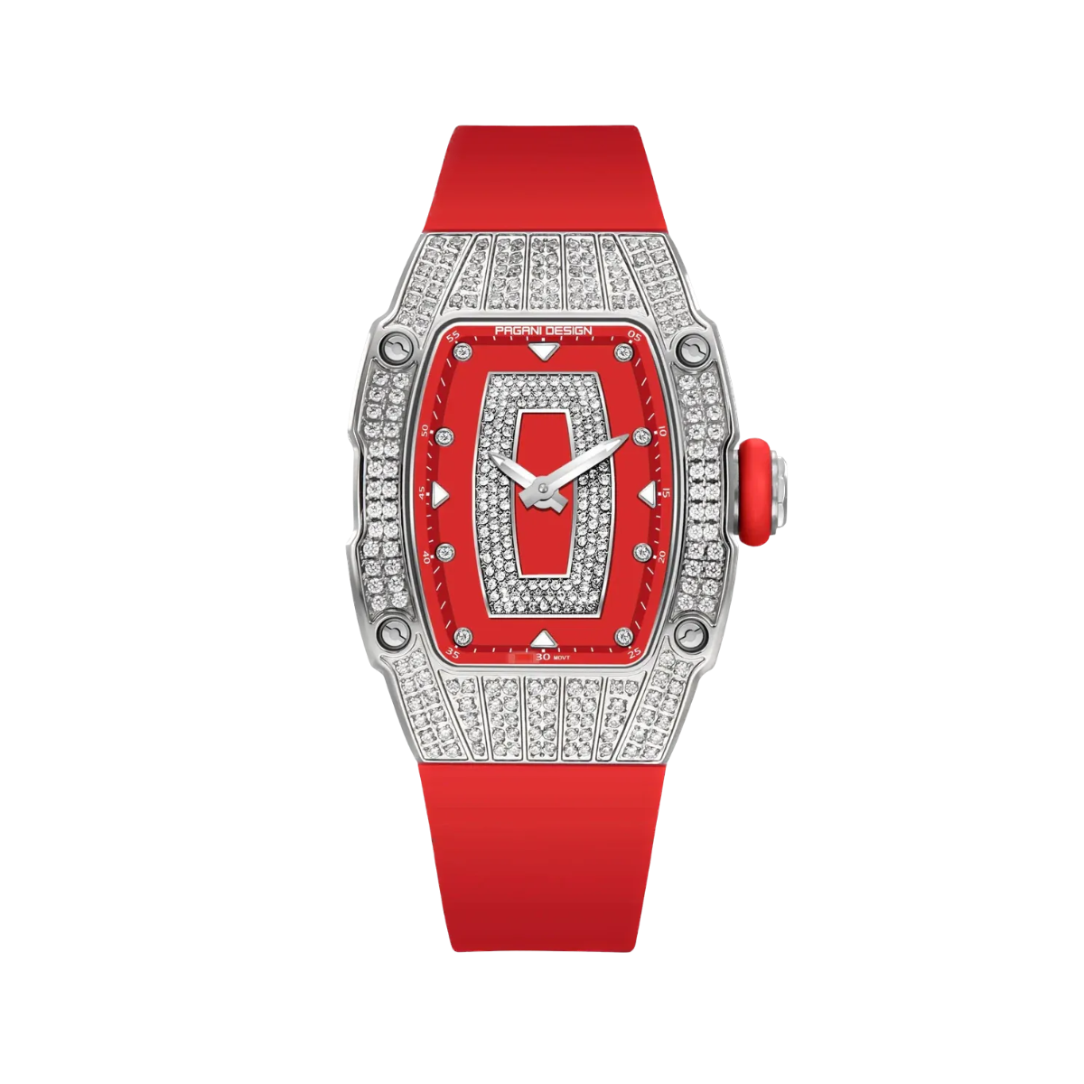 PAGANI DESIGN PD-YS013 Tonneau women's watch with red dial and diamond bezel, front view