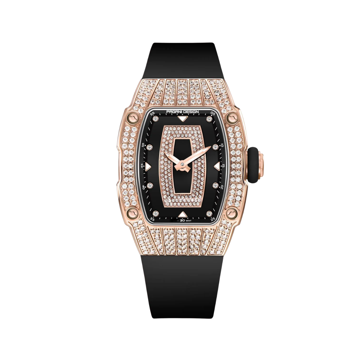 PAGANI DESIGN PD-YS013 Tonneau women's watch with black dial and rose gold diamond case, front view