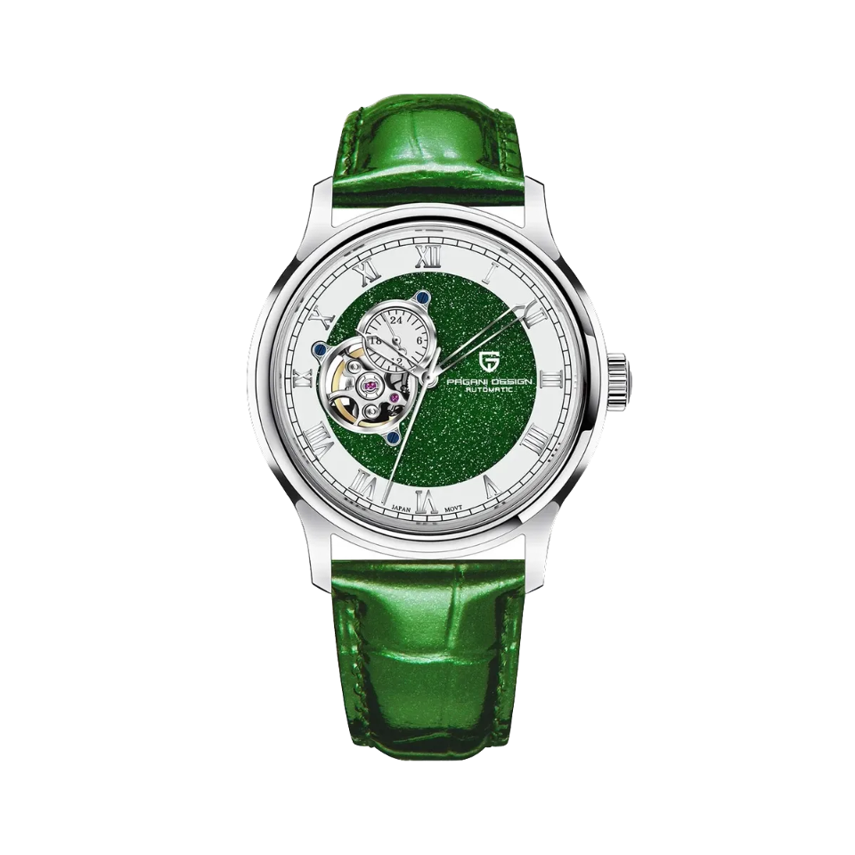 PAGANI DESIGN PD-YS015 NH39 Tourbillon men's watch with green dial and green leather strap, front view