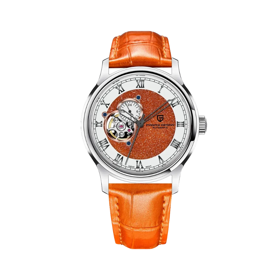 PAGANI DESIGN PD-YS015 NH39 Tourbillon men's watch with white dial and orange leather strap, front view