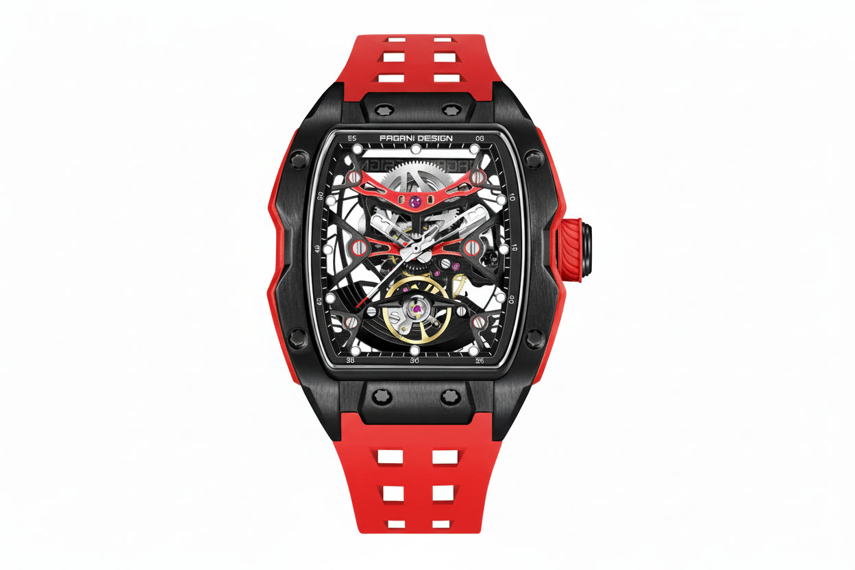 PAGANI DESIGN PD-YS018 skeleton tonneau watch with black case and red strap, front view
