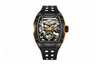 PAGANI DESIGN PD-YS018 skeleton tonneau watch with black case and yellow accents, front view