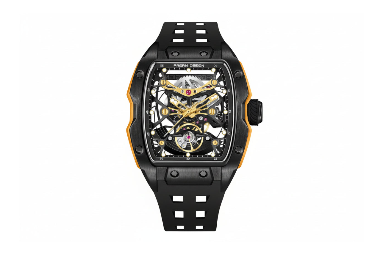 PAGANI DESIGN PD-YS018 skeleton tonneau watch with black case and yellow accents, front view