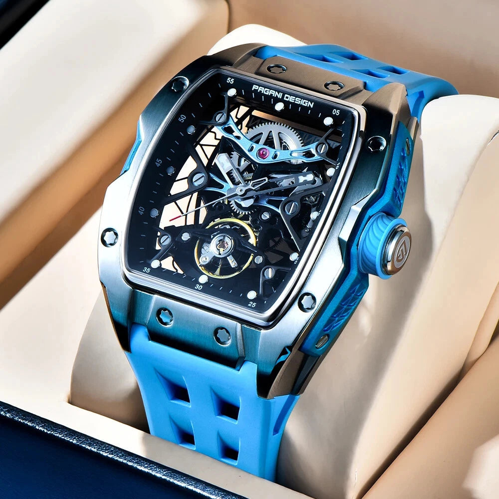 PAGANI DESIGN PD-YS018 skeleton MILLE watch with black dial and blue silicone strap