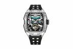 PAGANI DESIGN PD-YS018 skeleton tonneau watch silver case black dial detailed front view