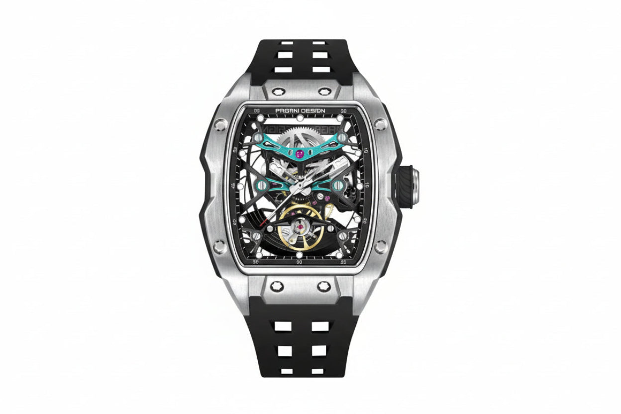 PAGANI DESIGN PD-YS018 skeleton tonneau watch silver case black dial detailed front view