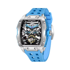 PAGANI DESIGN PD-YS018 skeleton tonneau watch with silver case and black dial, front view