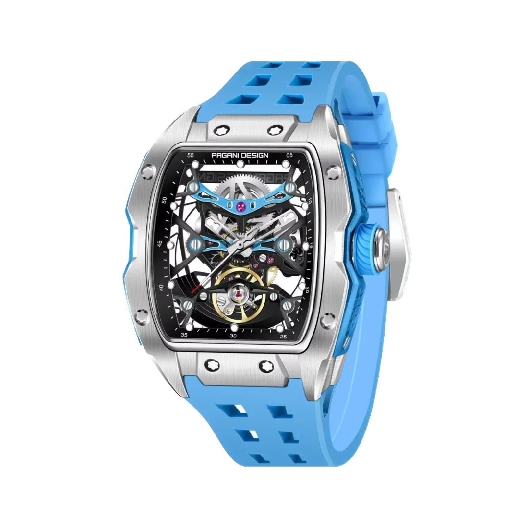 PAGANI DESIGN PD-YS018 skeleton tonneau watch with silver case and black dial, front view