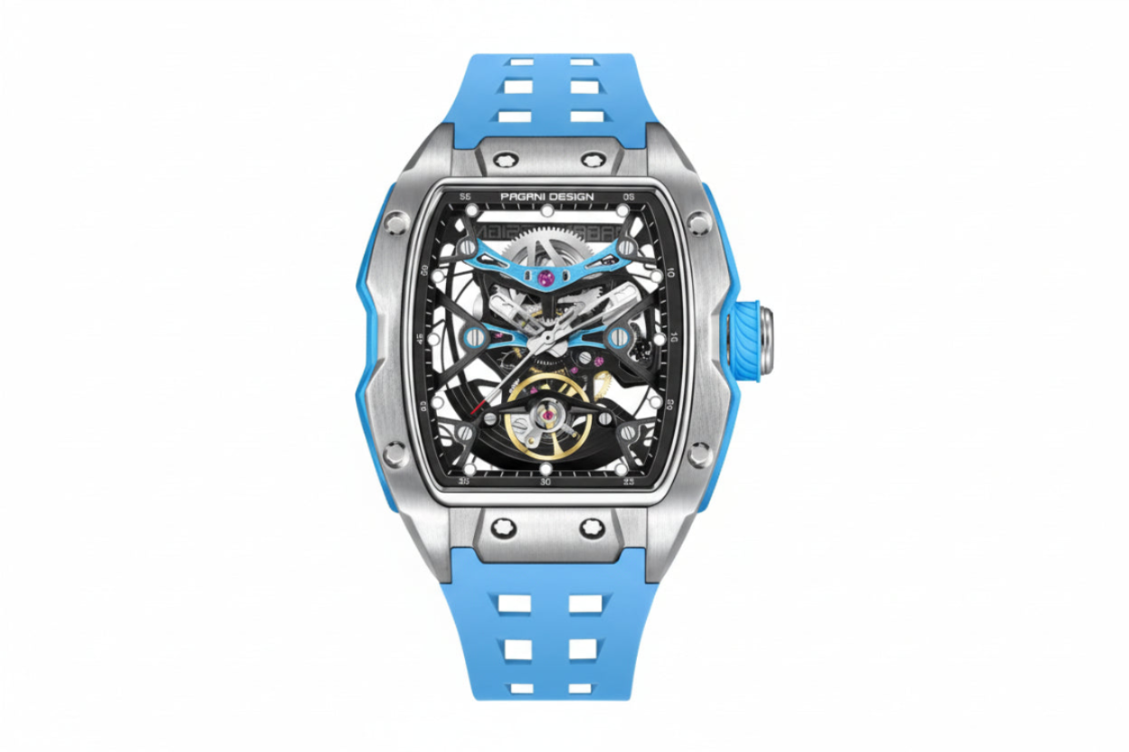 PAGANI DESIGN PD-YS018 skeleton tonneau watch with silver case, black dial, light blue strap