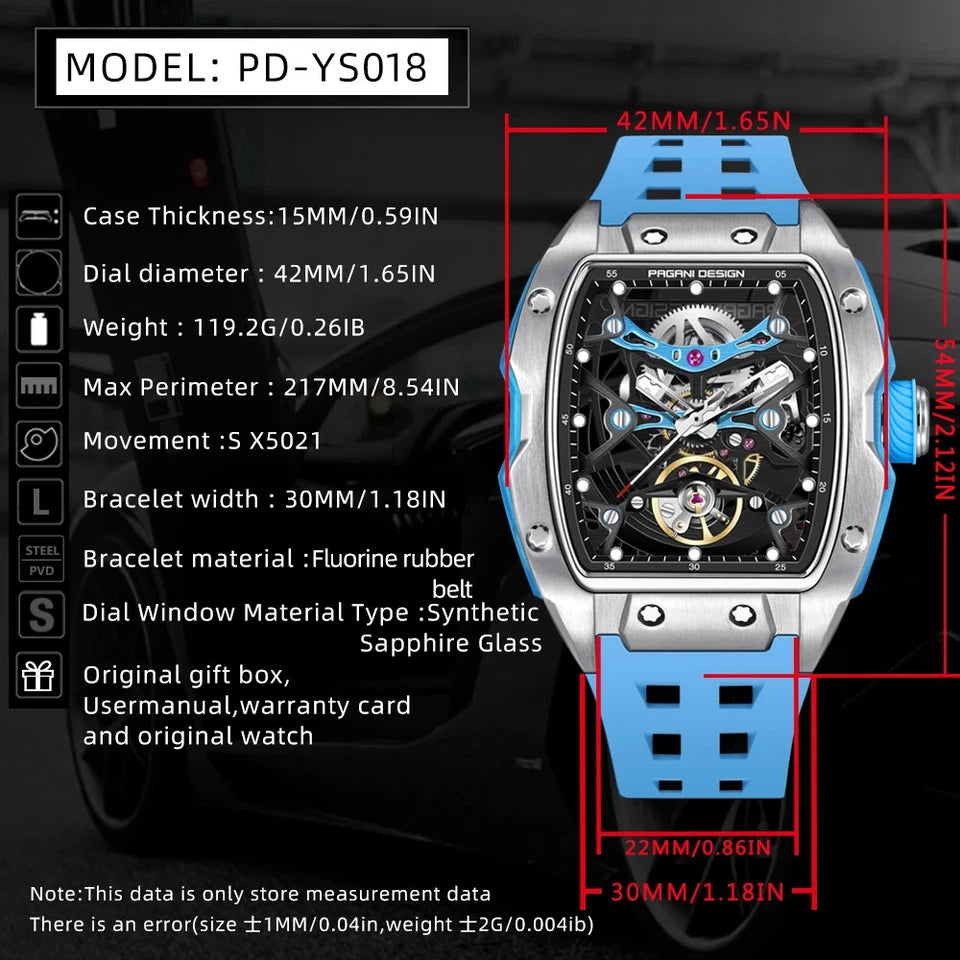 PAGANI DESIGN PD-YS018 skeleton watch specifications graphic with case dimensions and movement details