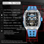 PAGANI DESIGN PD-YS018 skeleton watch specifications graphic with case dimensions and movement details