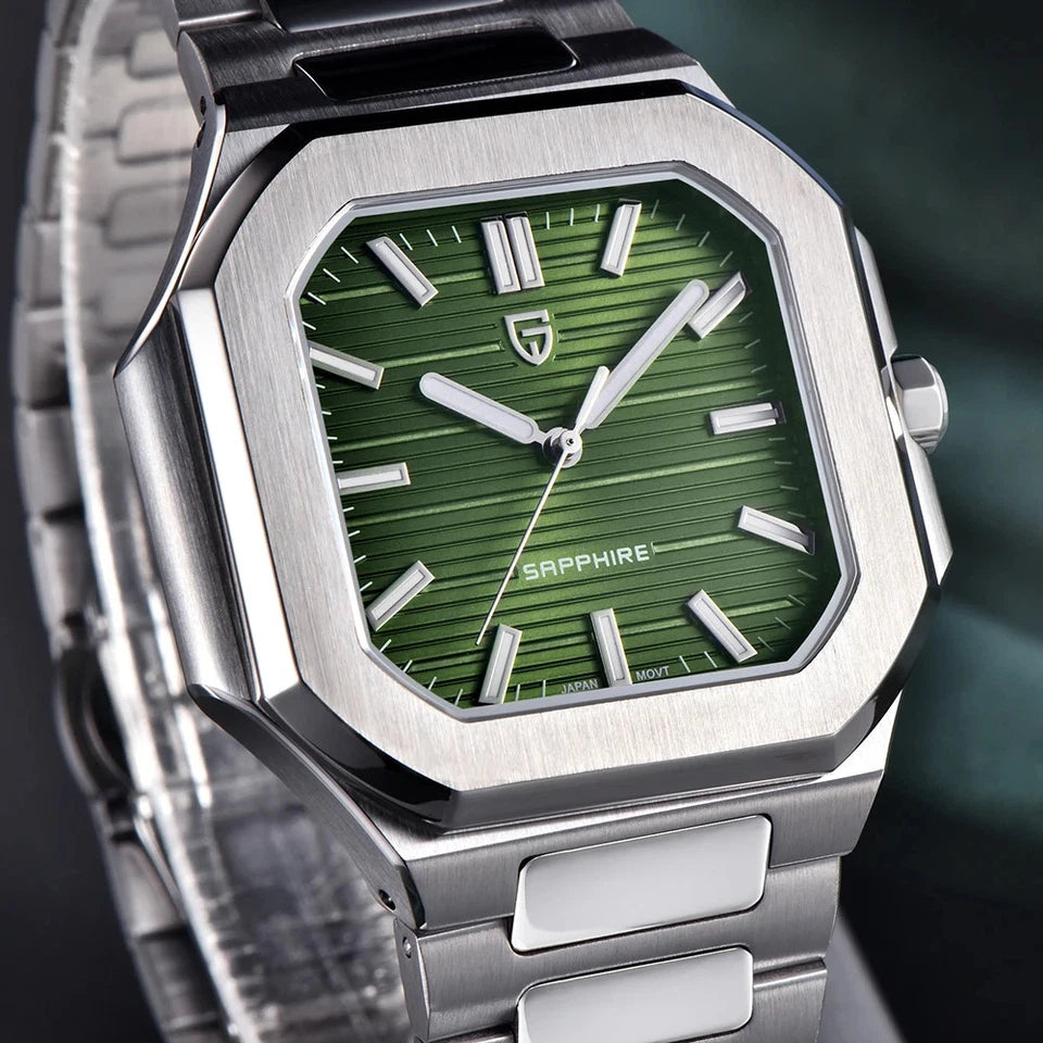 Close-up detail view of Pagani Design PD-YS019 square quartz watch showcasing its green textured dial, stainless steel case, and bracelet.