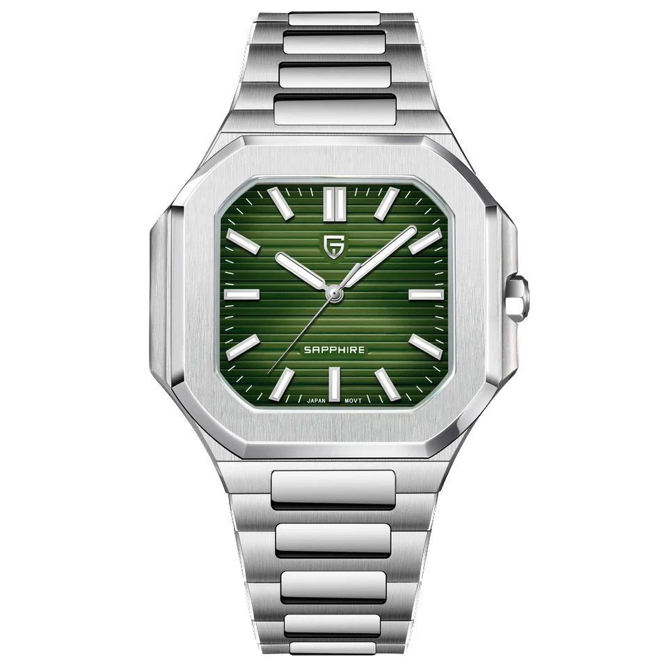 Pagani Design PD-YS019 square quartz watch green textured dial stainless steel bracelet front view