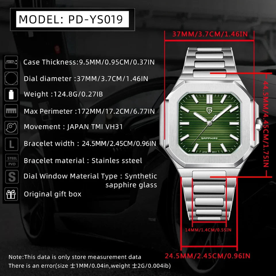 Specifications infographic for Pagani Design PD-YS019 square quartz watch with green dial and stainless steel bracelet, showing case thickness, dial diameter, movement type, and other measurements.