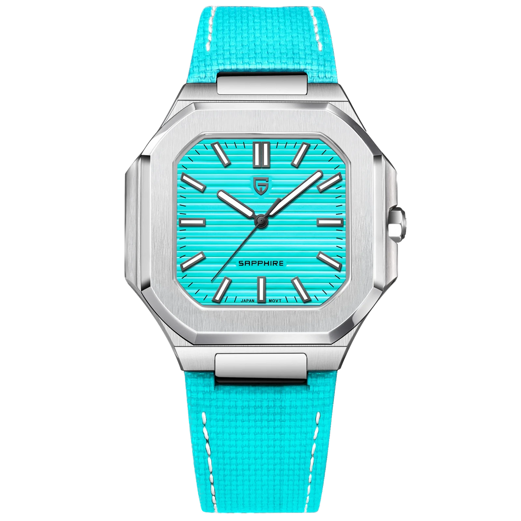 Pagani Design PD-YS019 square quartz watch sky blue textured dial sky blue leather strap front view