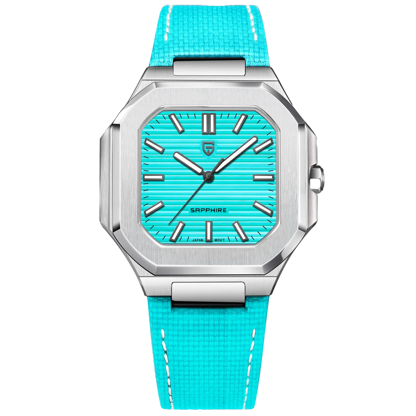 Pagani Design PD-YS019 square quartz watch sky blue textured dial sky blue leather strap front view