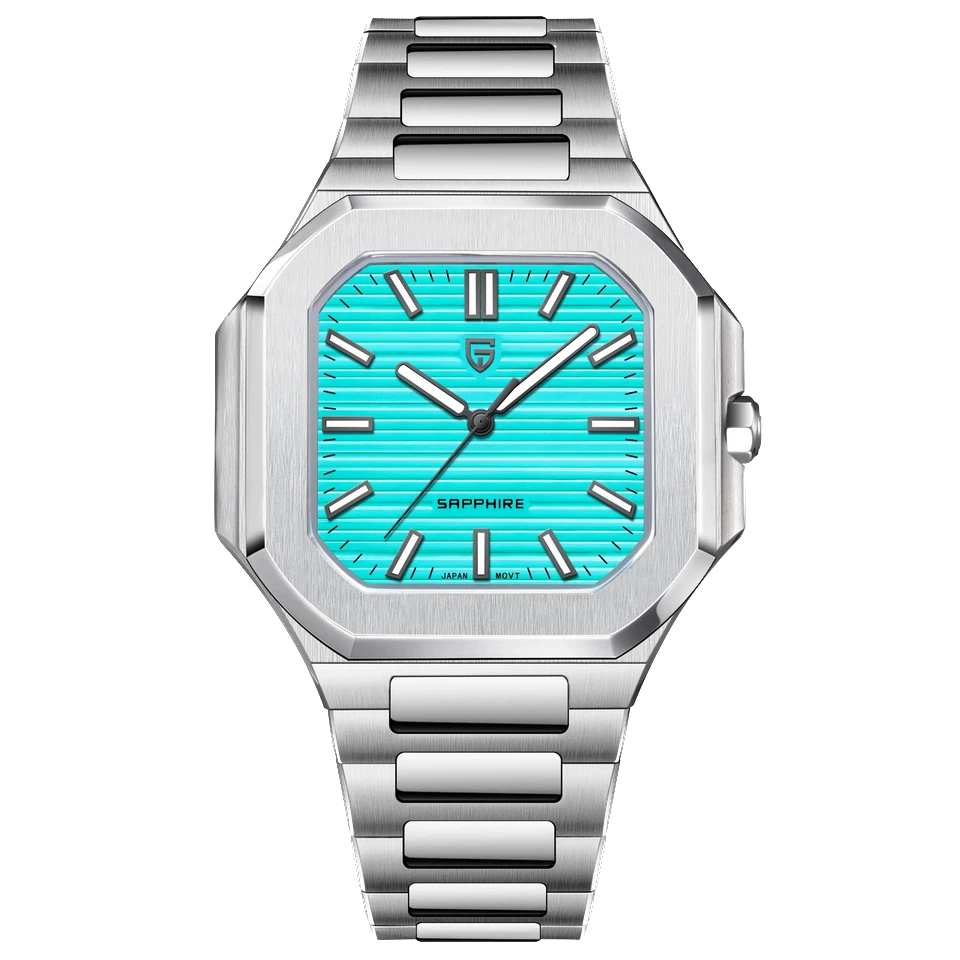 Pagani Design PD-YS019 square quartz watch with sky blue textured dial, stainless steel case and bracelet, sapphire crystal, front view.