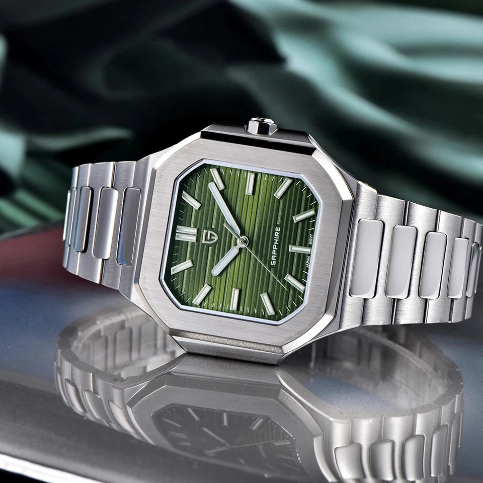 PAGANI DESIGN PD-YS019 slim watch with green dial and stainless steel bracelet on reflective surface