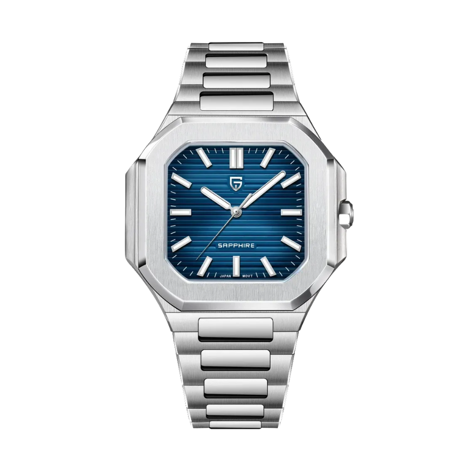 PAGANI DESIGN PD-YS019 men's watch with blue dial and silver steel bracelet, front view