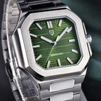 PAGANI DESIGN PD-YS019 men's watch with green dial and steel bracelet shown in gift box
