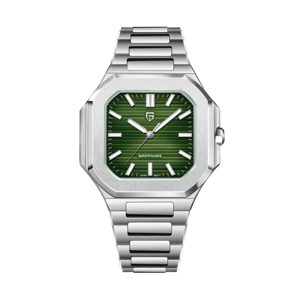 PAGANI DESIGN PD-YS019 men's watch with green dial and silver steel bracelet, front view