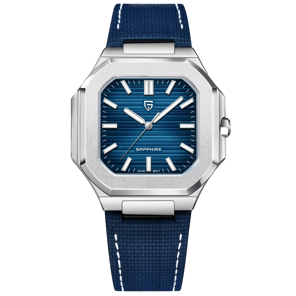 Pagani Design PD-YS019 square quartz watch blue textured dial blue leather strap stainless steel case front view