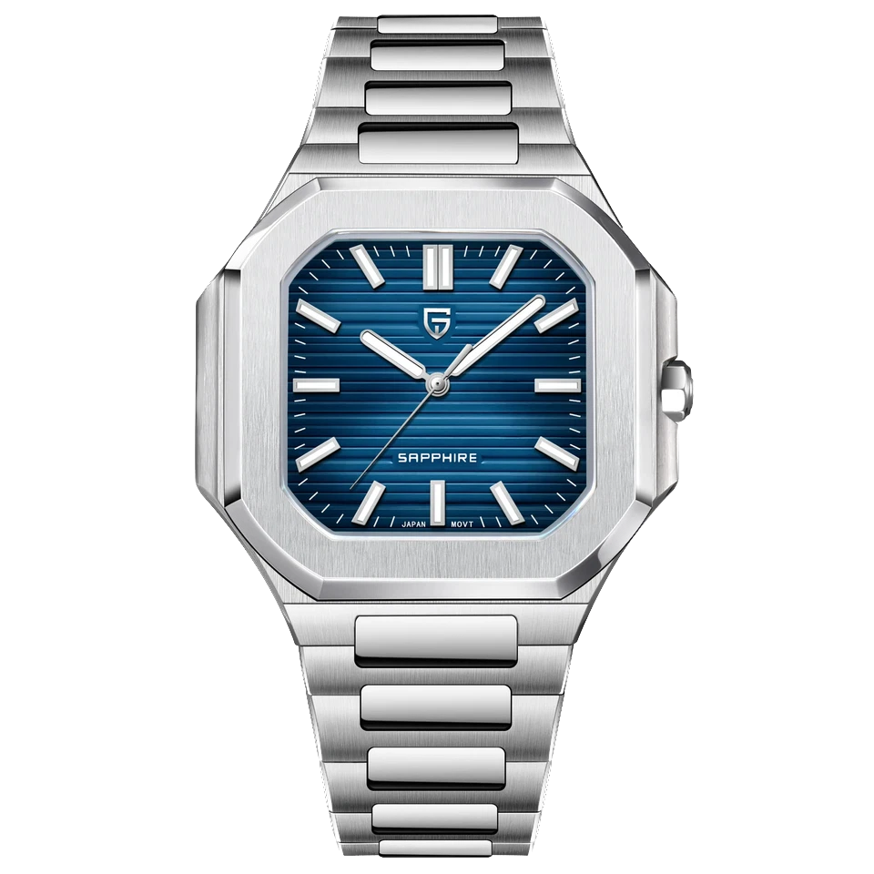 Pagani Design PD-YS019 square quartz watch with blue textured dial, stainless steel case and integrated bracelet, sapphire crystal, front view.