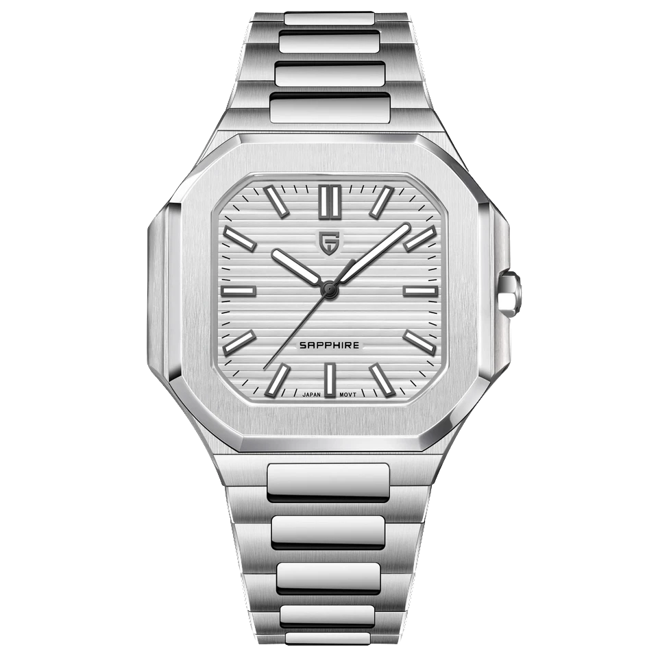 Pagani Design PD-YS019 square quartz watch metallic dial stainless steel bracelet front view