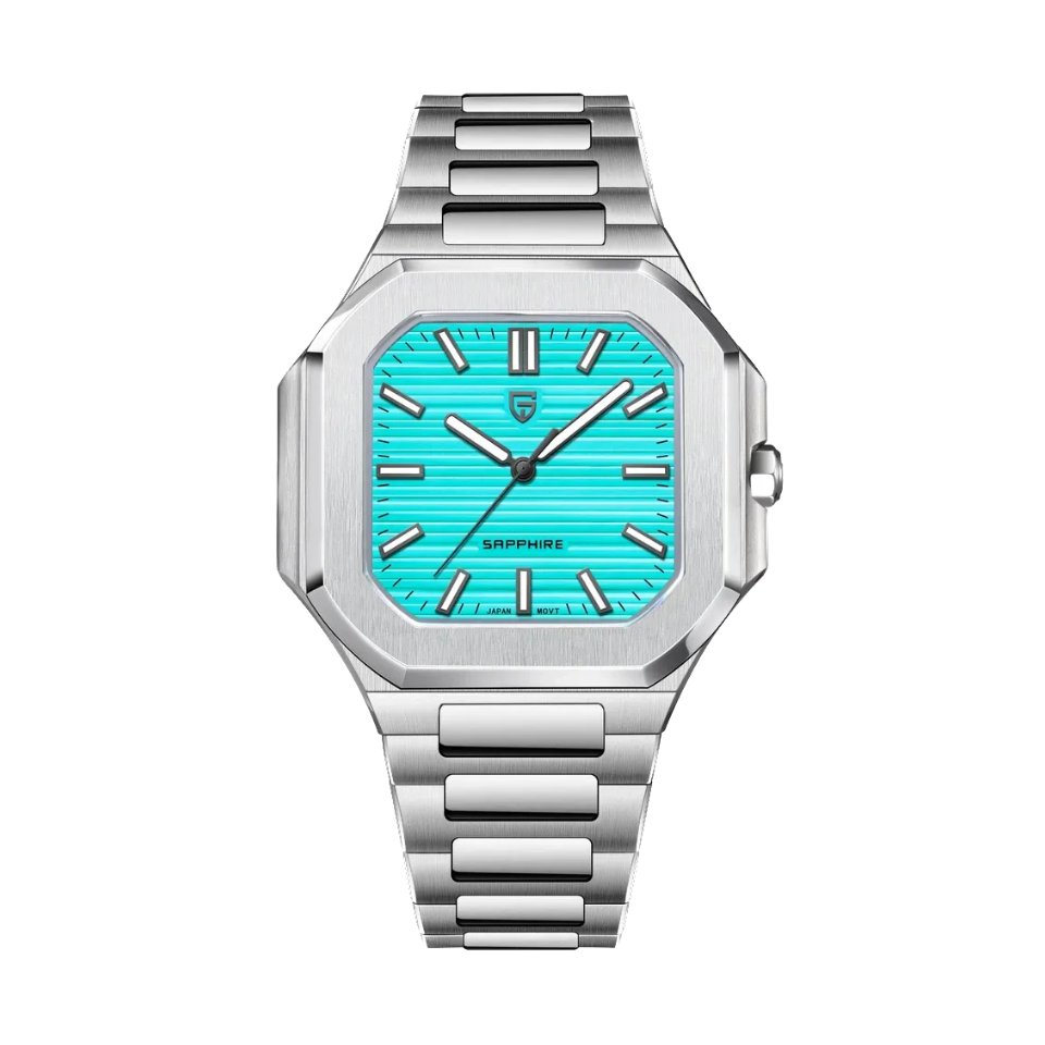 PAGANI DESIGN PD-YS019 men's watch with turquoise dial and silver steel bracelet, front view