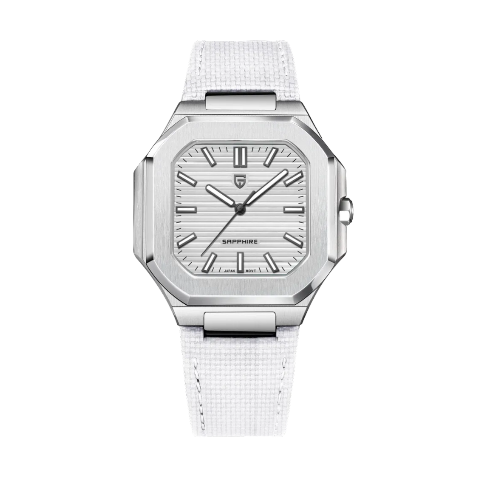PAGANI DESIGN PD-YS019 men's watch with white dial and white fabric strap, front view