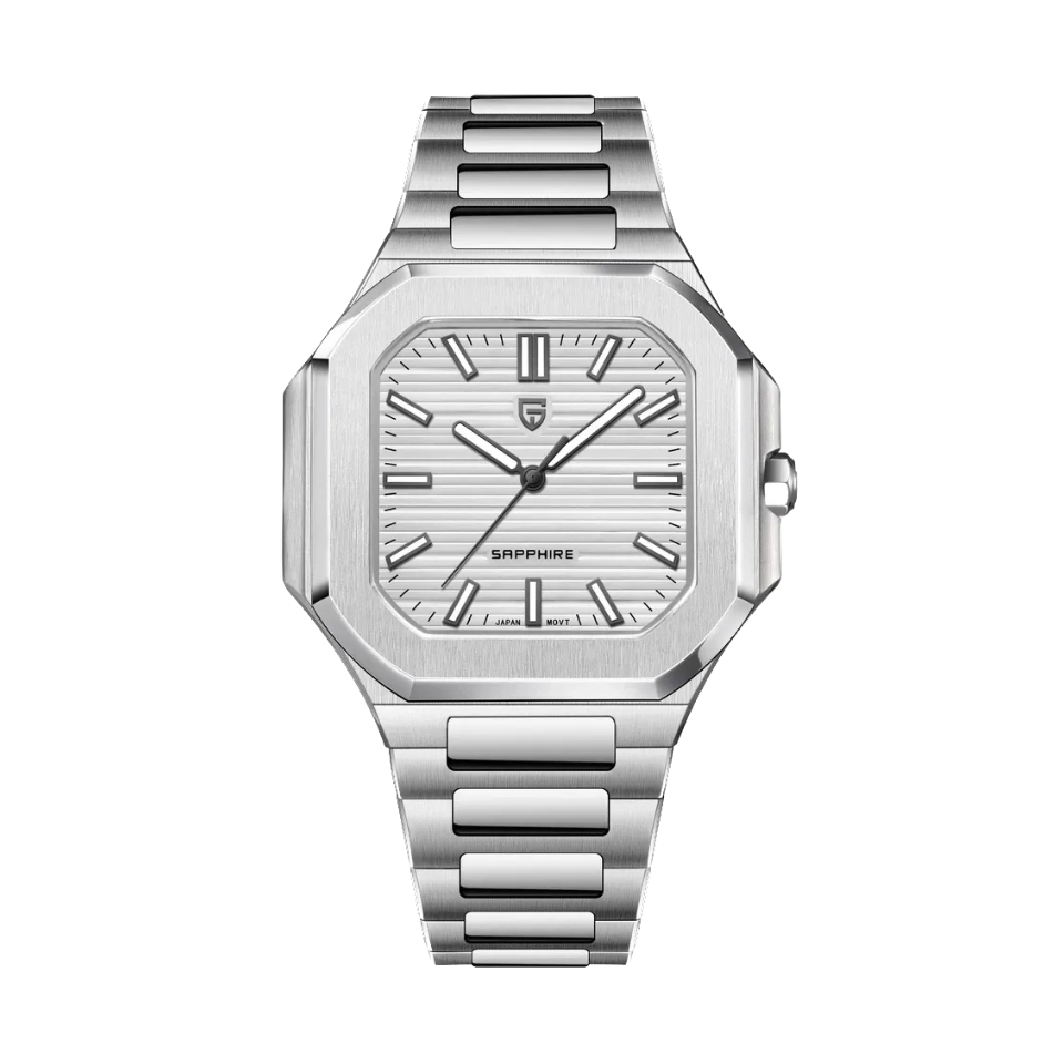PAGANI DESIGN PD-YS019 men's watch with white dial and silver steel bracelet, front view