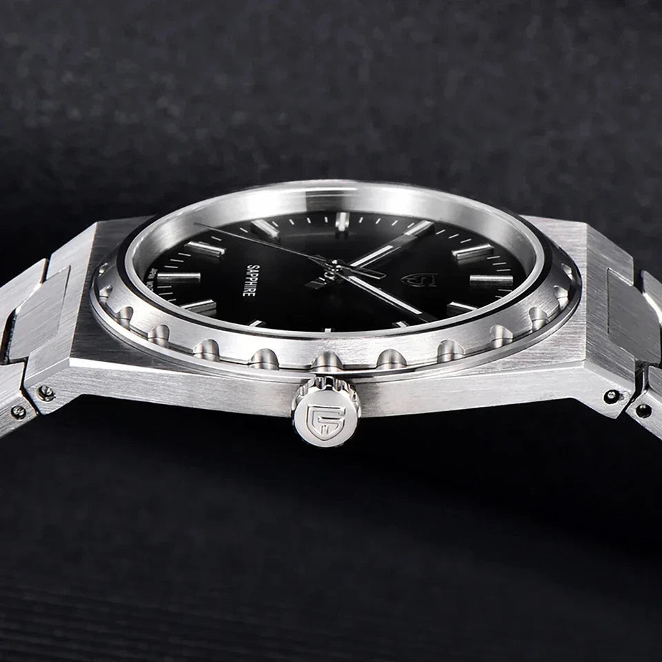 PAGANI DESIGN PD-YS020 VJ21 37MM men's watch with black dial in side profile showing crown