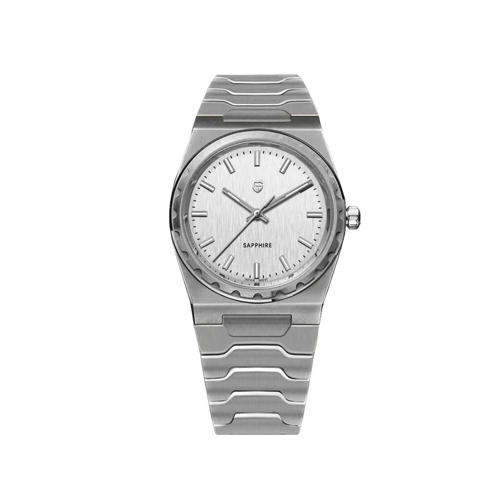 PAGANI DESIGN PD-YS020 VJ21 37MM men's watch with white dial and silver steel bracelet, front view