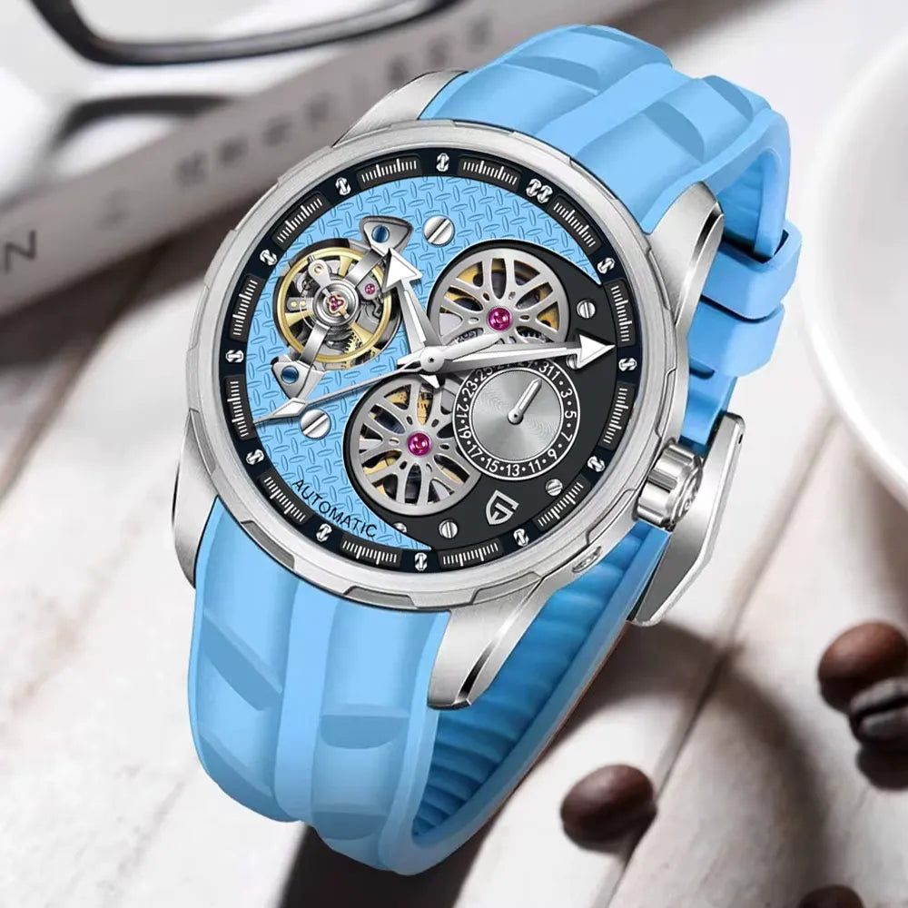 PAGANI DESIGN PD-YS022 tourbillon automatic watch with blue skeleton dial and rubber strap, tilted view