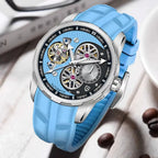 PAGANI DESIGN PD-YS022 tourbillon automatic watch with blue skeleton dial and rubber strap, tilted view