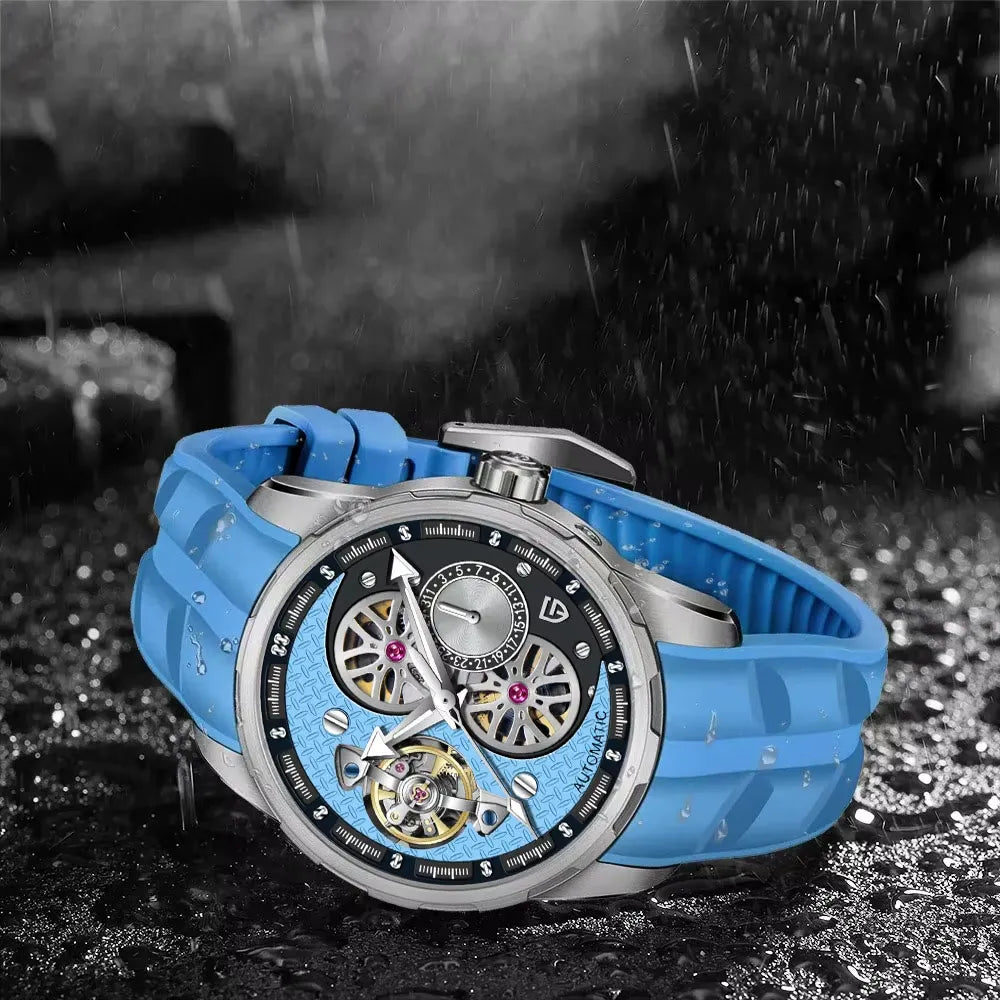 PAGANI DESIGN PD-YS022 tourbillon automatic watch with blue skeleton dial in water-splash studio scene