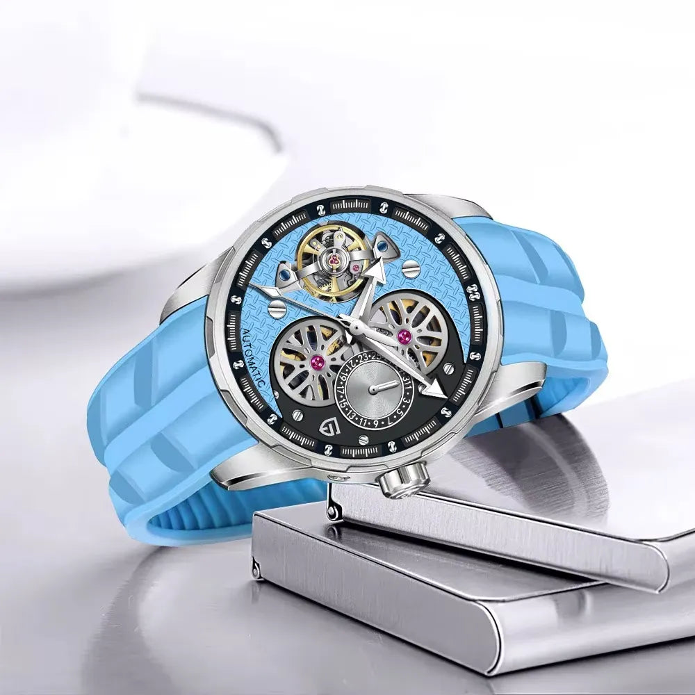 PAGANI DESIGN PD-YS022 tourbillon automatic watch with light blue skeleton dial and blue rubber strap