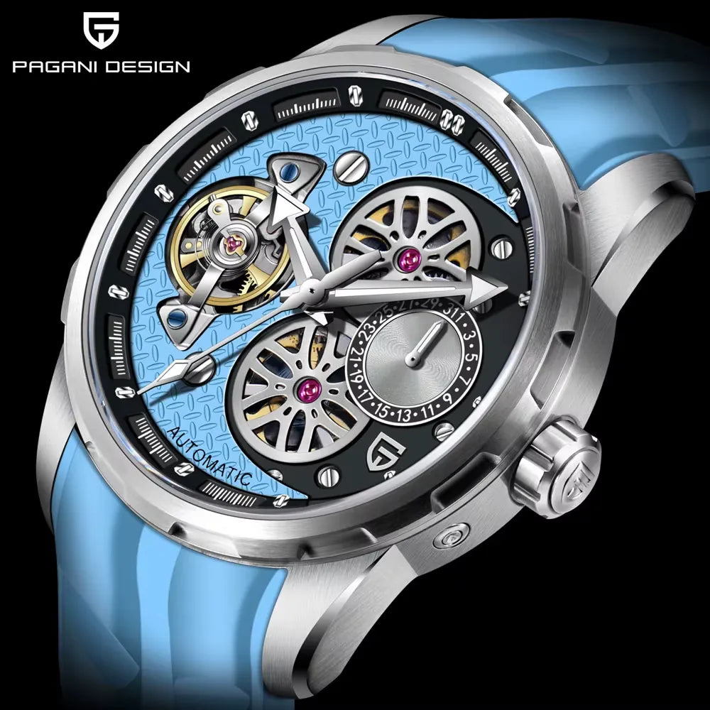 PAGANI DESIGN PD-YS022 Tourbillon watch close-up showing skeleton blue dial and crown