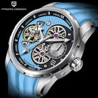 PAGANI DESIGN PD-YS022 Tourbillon watch close-up showing skeleton blue dial and crown