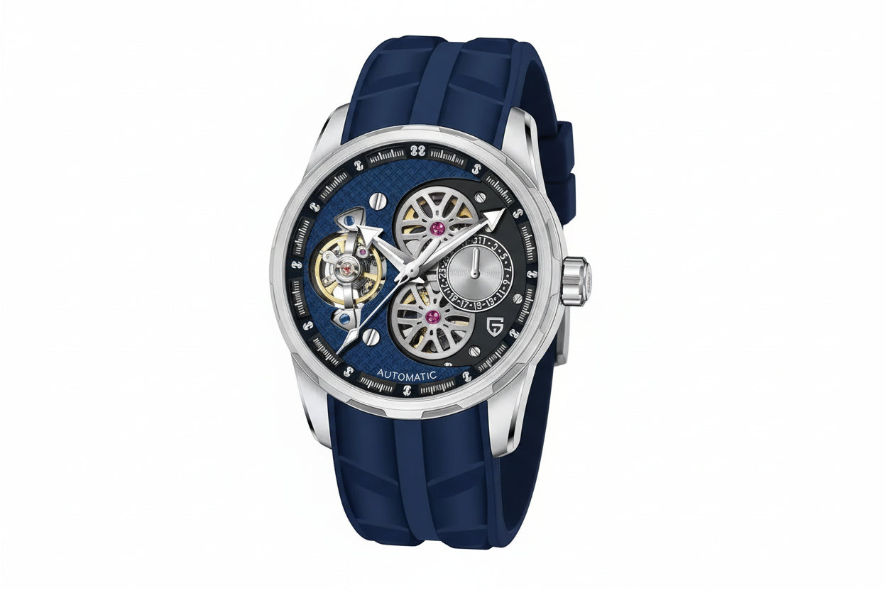 PAGANI DESIGN PD-YS022 44MM Tourbillon watch with blue skeleton dial and blue rubber strap