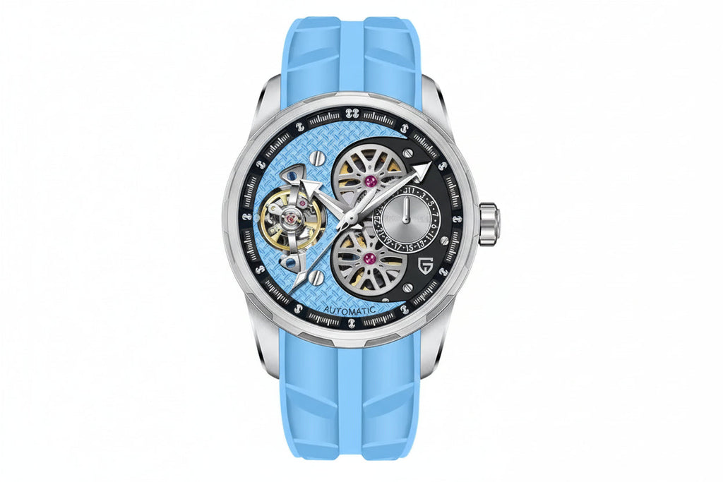 PAGANI DESIGN PD-YS022 44MM Tourbillon watch with sky blue skeleton dial and blue rubber strap