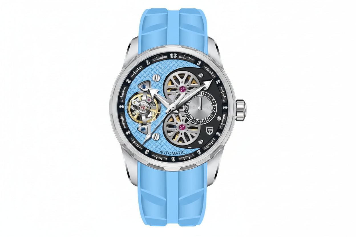 PAGANI DESIGN PD-YS022 44MM Tourbillon watch with sky blue skeleton dial and blue rubber strap