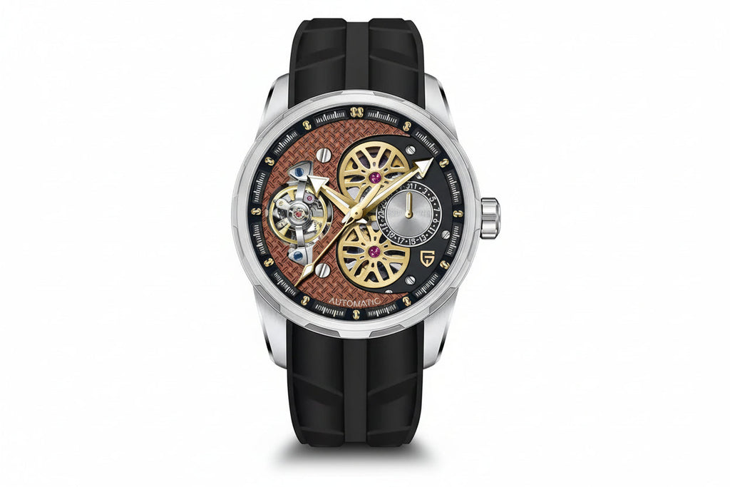 PAGANI DESIGN PD-YS022 44MM Tourbillon watch with copper skeleton dial and black rubber strap