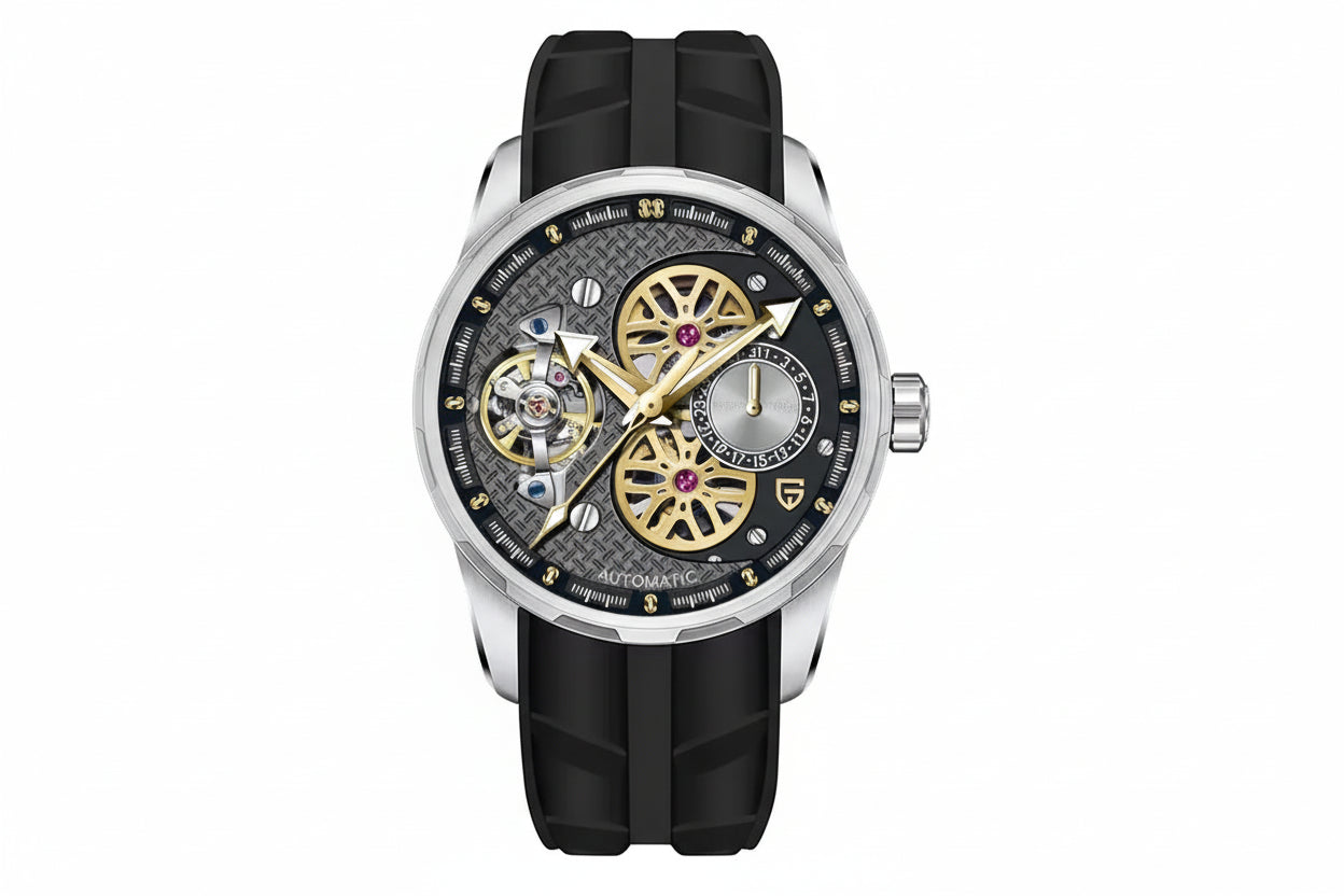 PAGANI DESIGN PD-YS022 44MM Tourbillon watch with gray skeleton dial and black rubber strap