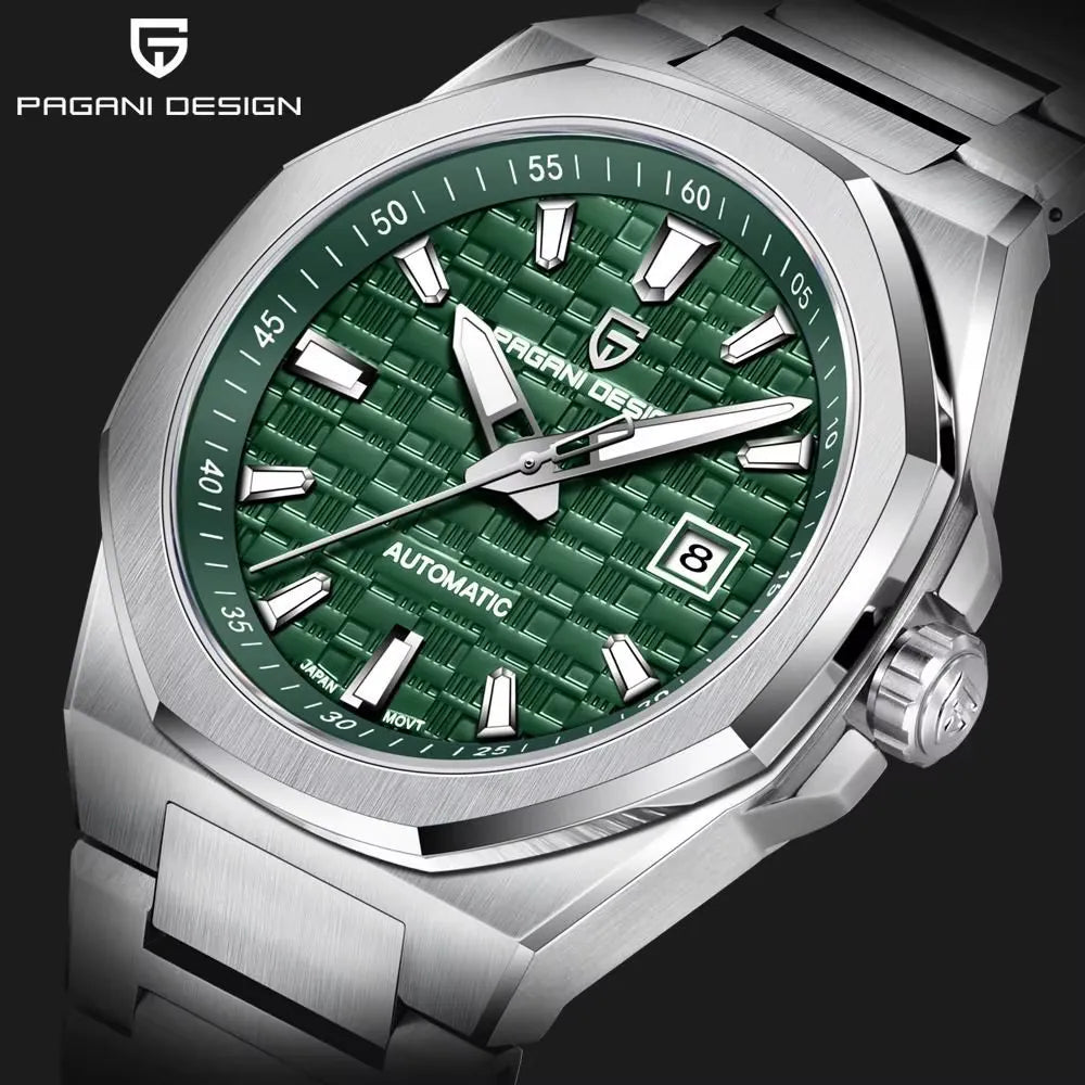 PAGANI DESIGN PD-YS023 automatic watch close-up detail with green textured dial
