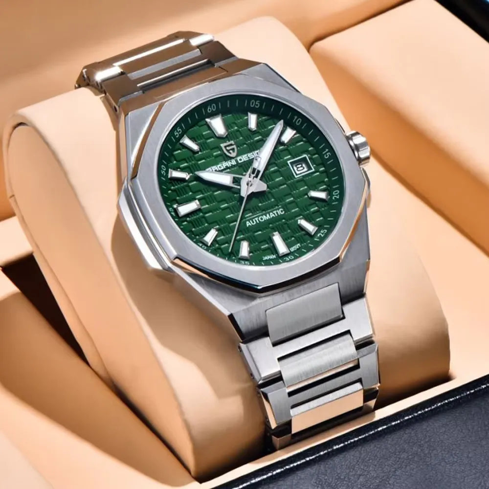 PAGANI DESIGN PD-YS023 automatic watch with green textured dial and steel bracelet, front view