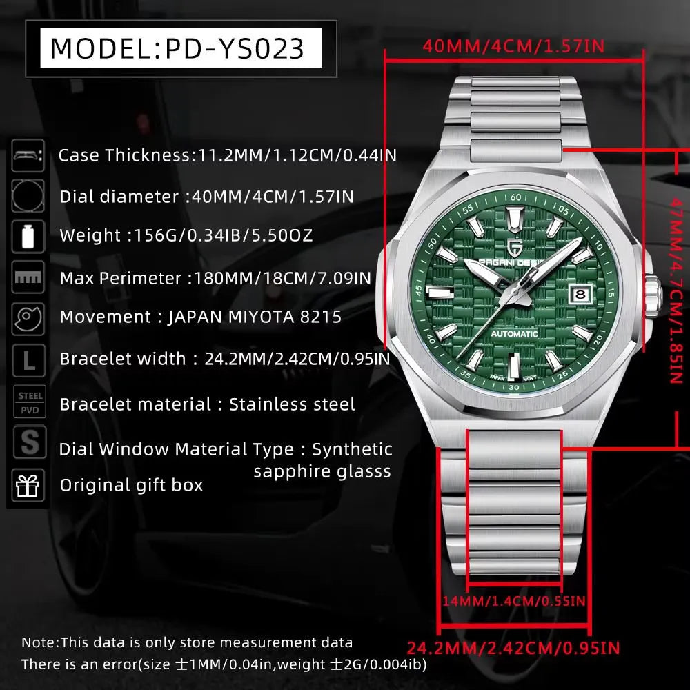 PAGANI DESIGN PD-YS023 automatic watch specifications with green dial and case dimensions