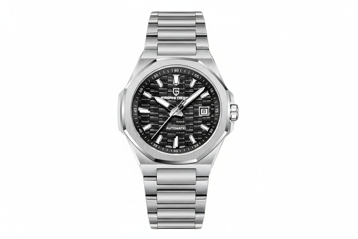 PAGANI DESIGN PD-YS023 automatic watch with black textured dial, front view